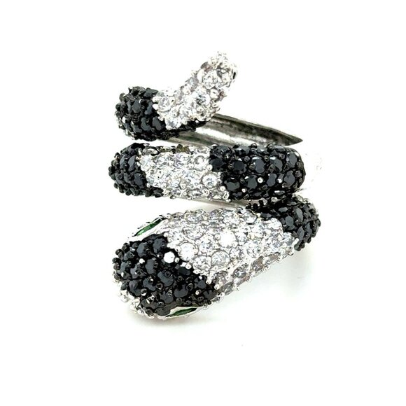 Stunning Pave Black/White Stones with Green Eyes Snake Ring - Picture 2 of 8